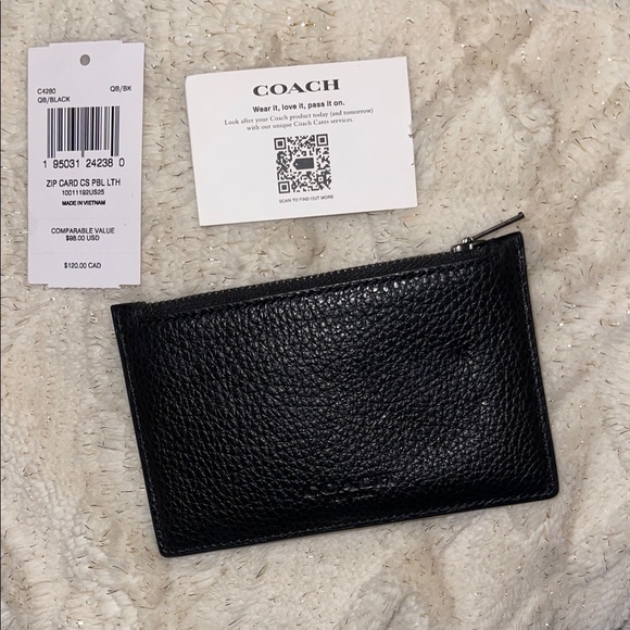 Coach Black Leather Zip Card Pouch with tags - Picture 1 of 4